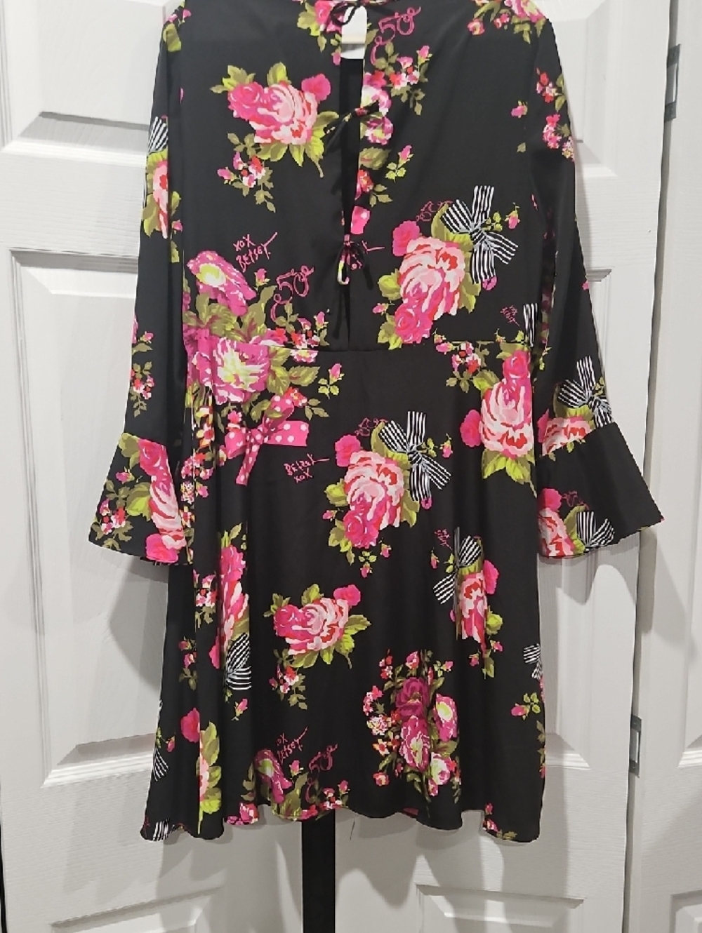 Betsey Johnson 50th Anniversary Black Dress with Pink and Green Floral Print - Picture 8 of 11